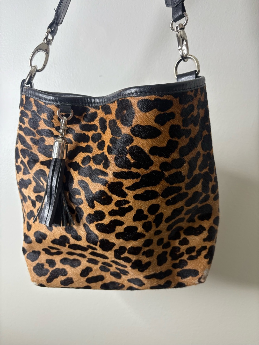 Leopard Print cow hide Bucket Bag with Tassel - Black & Brown